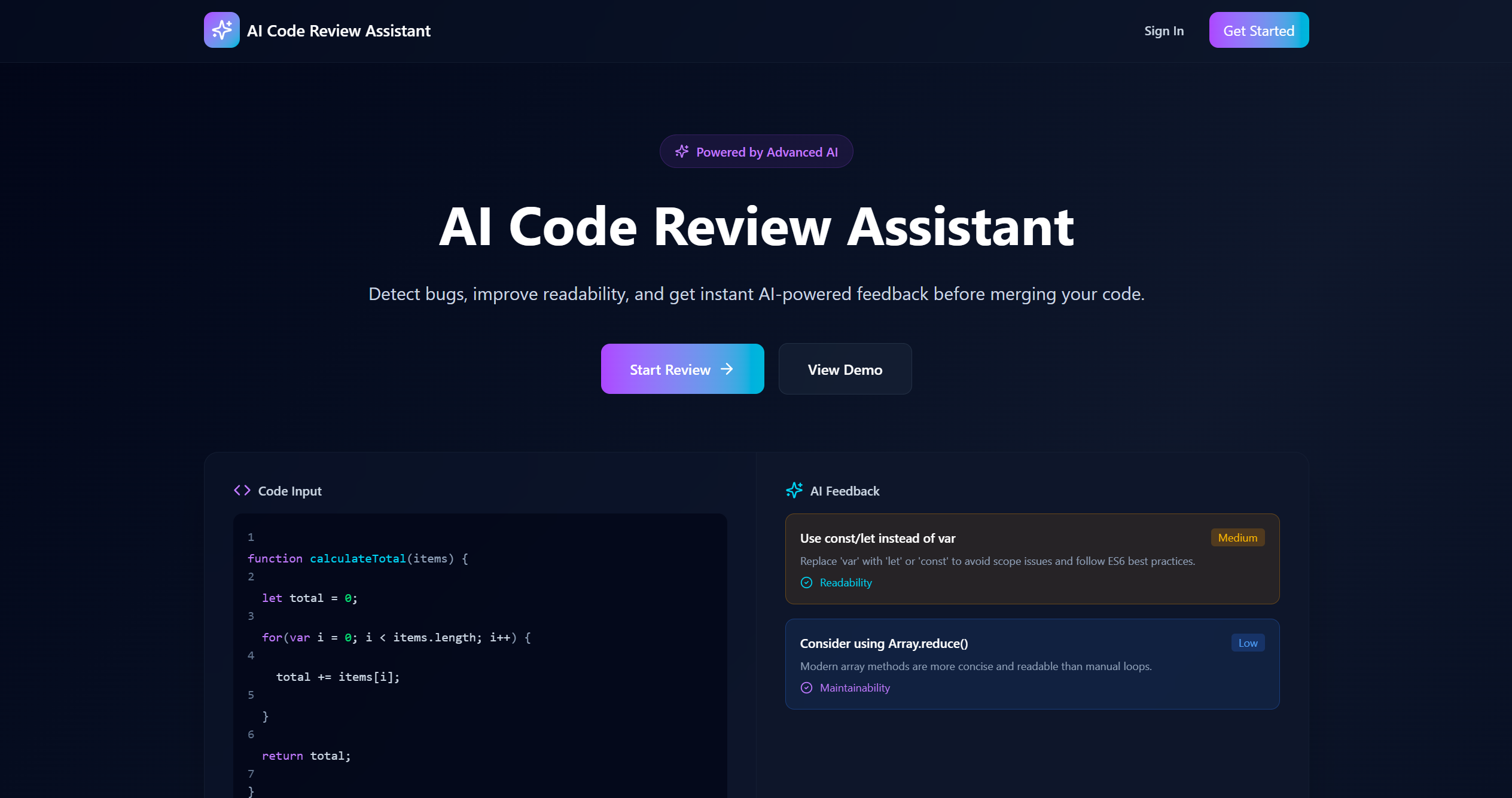 AI Code Review application dashboard